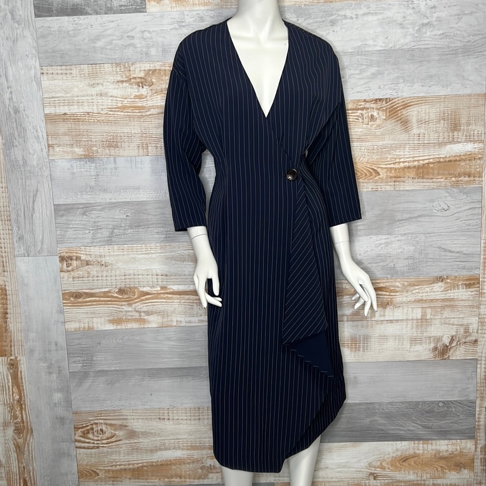 Anthropologie No Less Than pinstripe wrap dress size medium blue